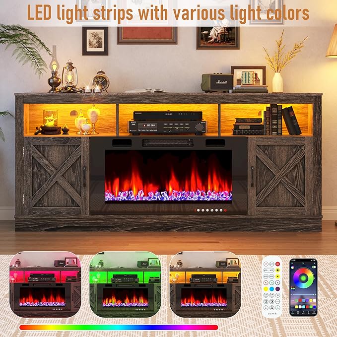 Farmhouse TV Stand with 36" Fireplace for 80" TV, 70" Entertainment Center with Barn Doors and LED Light, Tall Fireplace TV Stands for Living Room, Grey