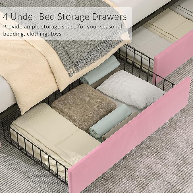 VECELO Queen Size Upholstered Platform Bed Frame with 4 Storage Drawers, Adjustable Velvet Rivets Headboard, Wooden Slats Support, No Box Spring Needed, Easy Assembly