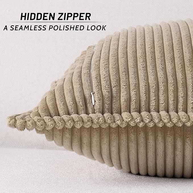 Mecatny Corduroy Throw Pillow Covers 12x20 Set of 2, Neutral Decorative Soft Boho Lumbar Couch Pillow Covers with Broadside for Sofa Living Room, Khaki