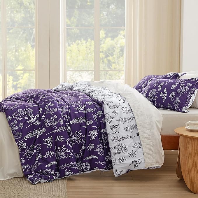 Bedsure California King Comforter Set - Dark Purple Bed Set, 3 Pieces Cute Floral Bedding, 1 Soft Reversible Botanical Flowers Comforter and 2 Pillow Shams