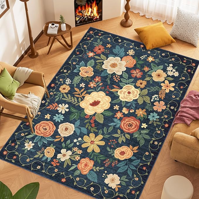 DUKINO 5x7 Area Rug, Floral Rugs for Living Room, Lightweight Non Slip Washable Rug, Indoor Low Pile & Non-Shedding Boho Design Rugs for Bedroom, Living Room, Dining Room, Dark Blue