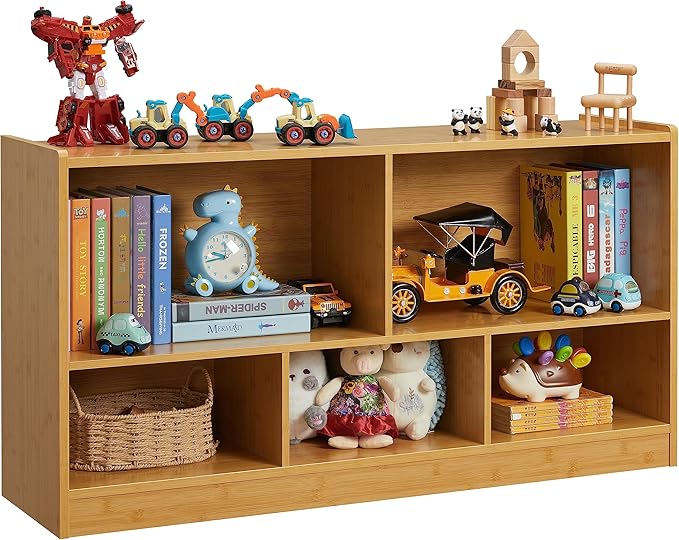 Toy Organizers and Storage, 5-Section Kids Bookshelf for Organizing Books Toys, School Classroom Wooden Storage Cabinet for Children's Room, Playroom, Nursery (Natural)
