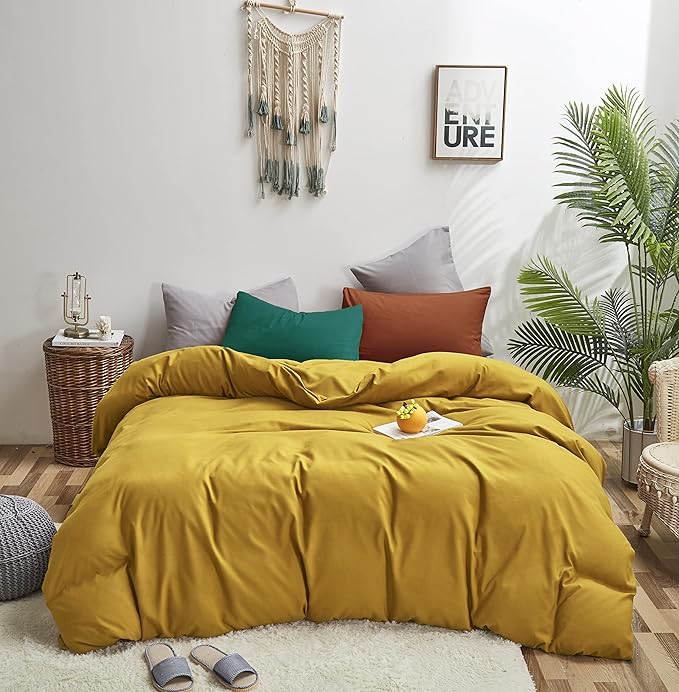 Luxlovery Mustard Yellow Comforter Set King Bright Yellow Bedding Set Soft Breathable Blanket Quilts with 1 Green+1 Caramel Pillowcase Women Men