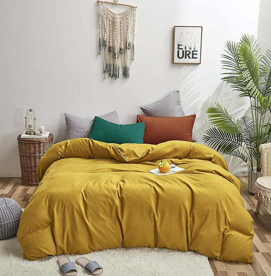 Luxlovery Mustard Yellow Comforter Set King Bright Yellow Bedding Set Soft Breathable Blanket Quilts with 1 Green+1 Caramel Pillowcase Women Men