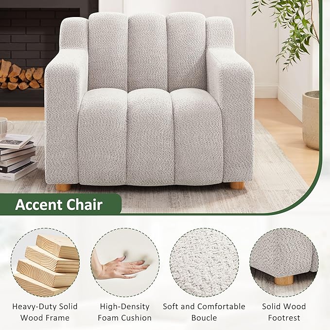 Oversized Accent Chair, Modern Living Room Chairs, Comfy Boucle Fabric Upholstered Armchair for Bedroom, Office, Waiting Room (Beige)