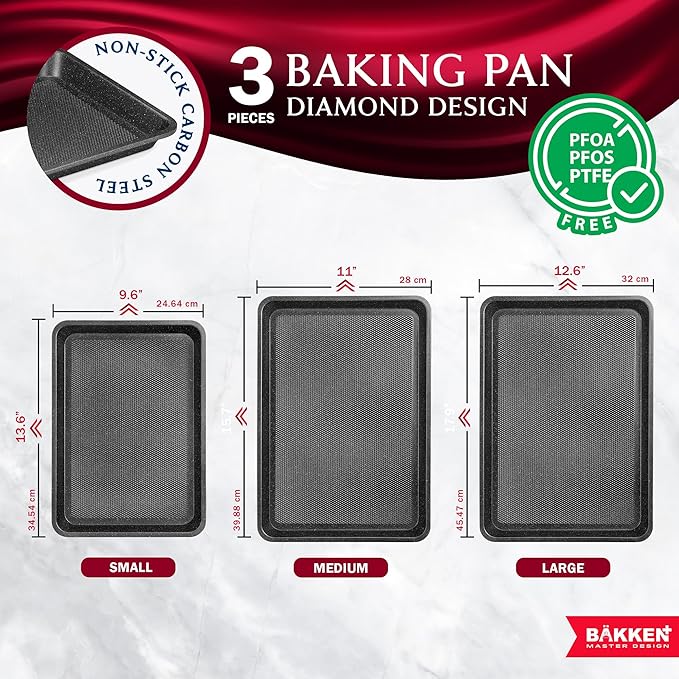 BAKKEN Kitchen Baking Pans - Small, Medium, and Large Cookie Pan (13.58×9.65, 15.75×11, 17.91×12.60), Nonstick, Diamond Texture Bottom, PFOA, PFOS, PTFE Free, Oven Safe (450°F), Pack of 3, Gray Marble