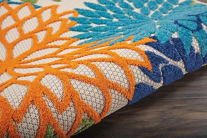 Nourison Home Aloha Indoor/Outdoor Multicolor 4' x Round Area Rug, Tropical, Botanical, Easy Cleaning, Non Shedding, Bed Room, Living Room, Dining Room, Deck, Backyard, Patio (4 Round)