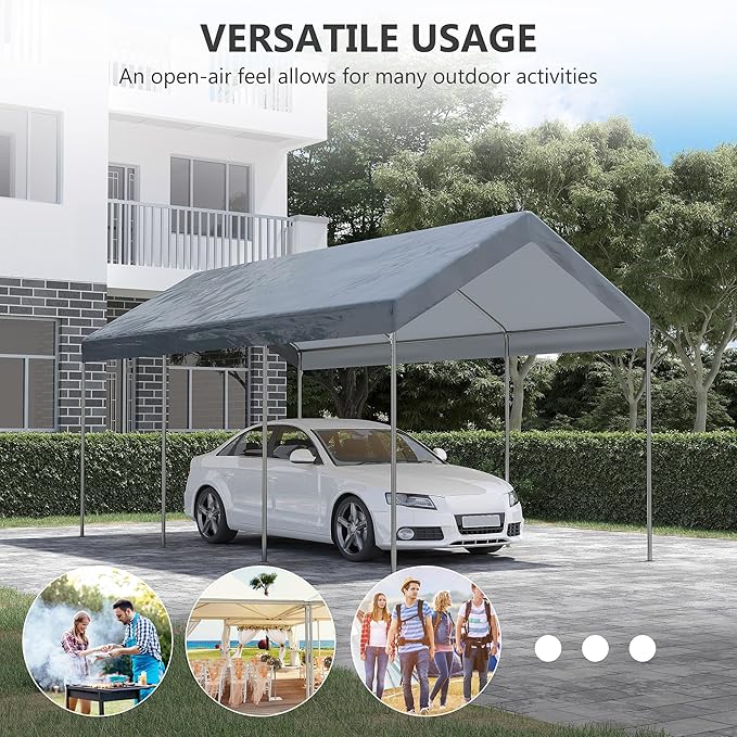 Outsunny 10' x 20' Party Tent and Carport, Height Adjustable Portable Garage, Outdoor Canopy Tent 8 Legs Without Sidewalls for Car, Truck, Boat, Motorcycle, Bike, Garden Tools, Gray