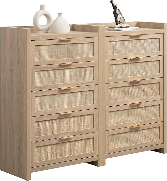 SICOTAS Dresser for Bedroom Chest of Drawers 46" Tall Dresser for Closet with 5 Rattan Drawers Boho Nightstands Set of 2 Large Clothes Storage Cabinet TV Stand for Living Room Hallway Nursery Entryway