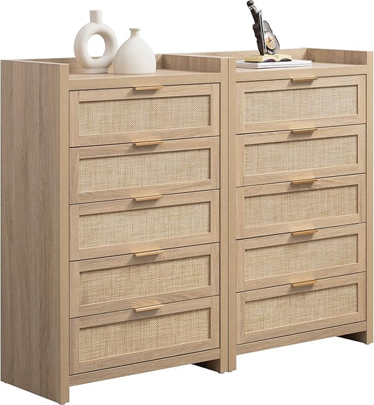 SICOTAS Dresser for Bedroom Chest of Drawers 46" Tall Dresser for Closet with 5 Rattan Drawers Boho Nightstands Set of 2 Large Clothes Storage Cabinet TV Stand for Living Room Hallway Nursery Entryway