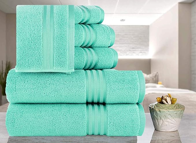 CASA COPENHAGEN Zero Twist, 6 Pieces Set 100% Cotton 0" Twist Towel Set- Aqua Blue, 600 GSM, 2 Bath, 2 Hand, 2 Washcloths Made from Egyptian Cotton, Ultra Soft Luxury Towels for Bathroom.