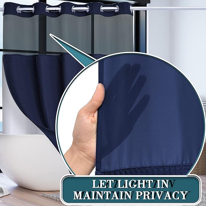 Conbo Mio No Hook Waffle Weave Shower Curtain with Snap in Liner Set, Hotel Luxury Navy Blue Shower Curtains for Bathroom with See Through Top Window, Waterproof, Washable 71W x 74H