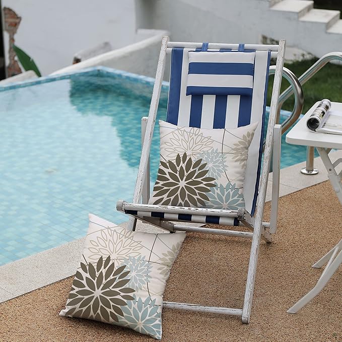 Brown Blue Flower Pillow Covers 20x20 Inch Set of 2 Summer Outdoor Waterproof Decor for Home Patio Funiture Garden Living Room Modern Art Floral Polyester Square Cushion Cover 01F20