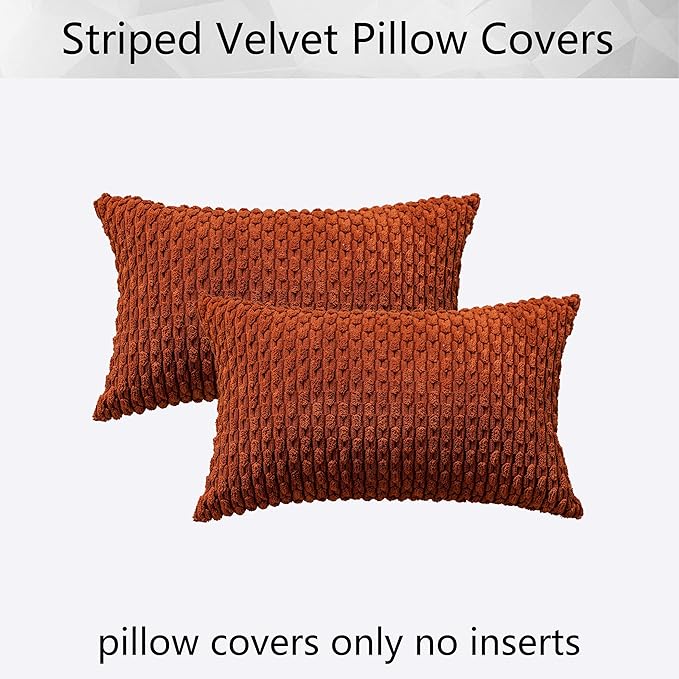 Kevin Textile Fall Lumbar Throw Pillows Cover Autumn Decorative Cushion Covers for Chair/Sofa/Bed/Car Comfortable Corduroy Striped 12 x 20 Inches Burnt Brick Double Pieces