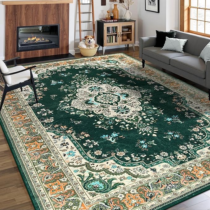 Living Room Rug 6x9 Rug, Machine Washable Area Rug Non Slip Low Pile Rug for Living Room, Bedroom, Farmhouse, Dining Room, Green