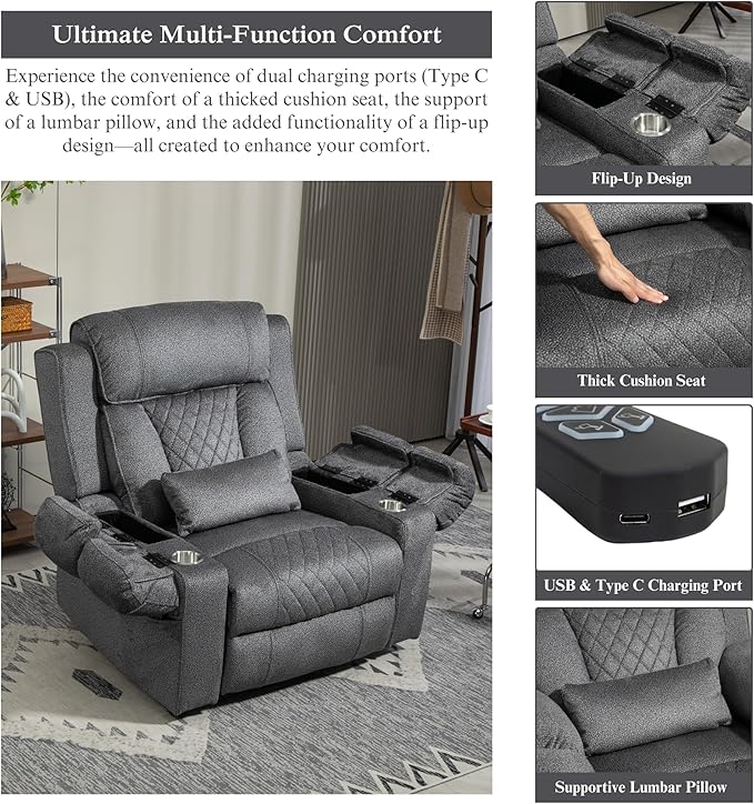 Big Man Power Lift Recliner for Elderly Adults 28 Inch Wide Seat, Lay Flat Lift Chair with Heat Massage, Flip Arm Storage Cup Holders, USB Type C Charging (Grey Chenille)