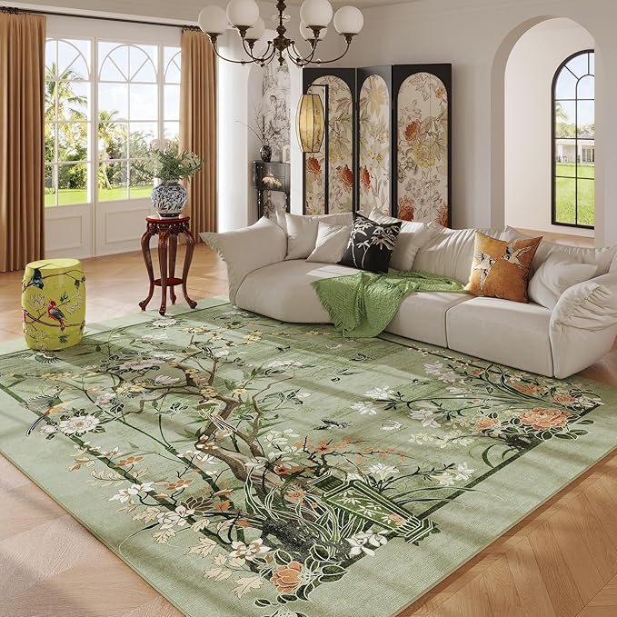 5x7 Area Rugs Chinoiserie-Style Floral Vintage Large Washable Rug Non Slip Low Pile for Living Room, Bedroom, Farmhouse, Dining Room, Kids Playroom, Green