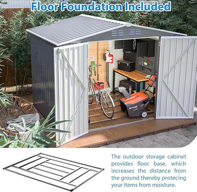 8 x 6 FT Outdoor Storage Metal Shed, Bike Garden Tool Shed with Slooping Roof, Lockable Doors and Aluminum Frames, Shed Easy to Assemble for Garden, Patio, Lawn, Grey
