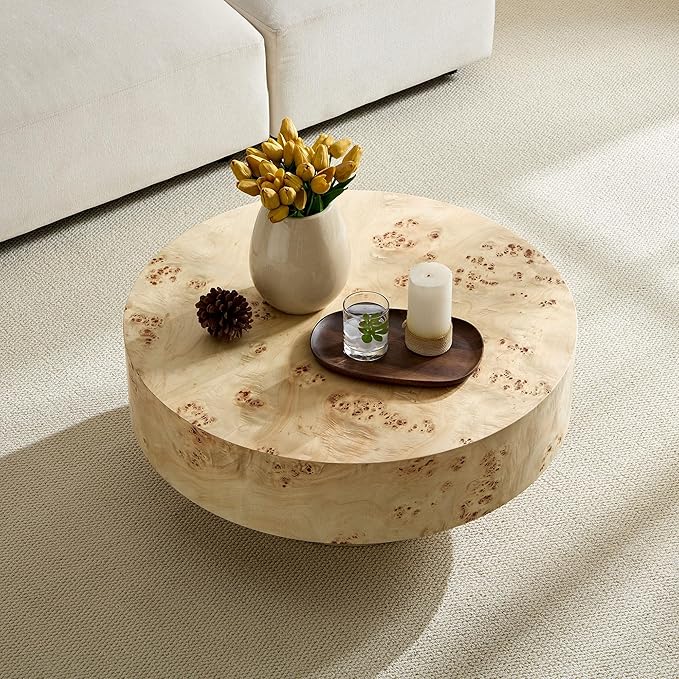 Round Coffee Table for Living Room, Accent Drum Coffee Table with Storage, Modern Burl Wood Vener Circle Center Tea Table for Small Space Apartment (31.5''D×14''H-Natural)