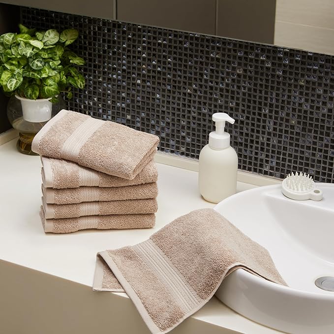 Amazon Basics Fade-Resistant 100% Cotton Hand Towel, 6 Pack, 16"x26", Taupe