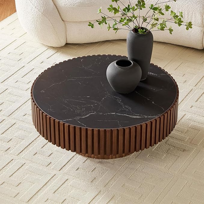 35.43'' Walnut Coffee Table Modern Handcraft Drum Round Circle Wooden Solid Wood Veneer Tea Table for Living Room Apartment (Sintered Stone Tabletop)