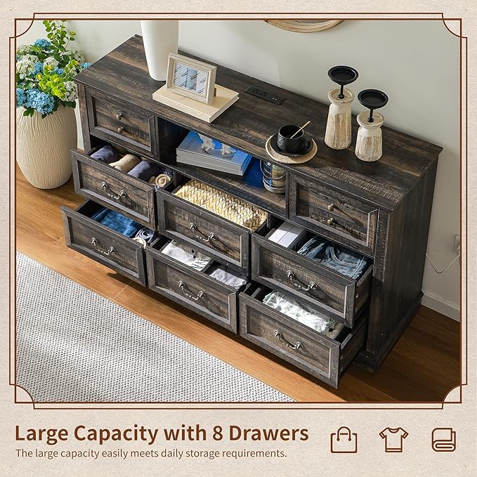 Dresser for Bedroom with Charging Station & Led Lights,55.02" TV Stand with 8 Drawers,Dressers & Chests of Drawers with Open Shelves,Hallway,Closet 55.02" W x 34.53" H x 15.77" D Rustic Oak