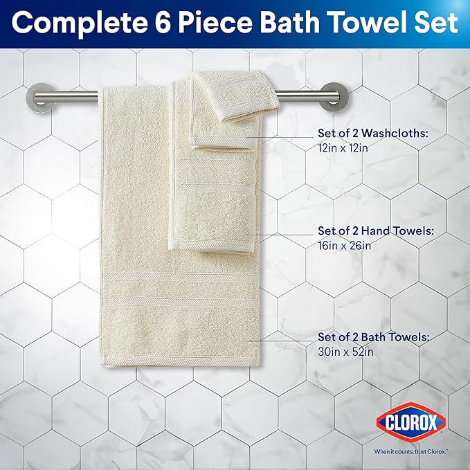 CLOROX Bleach Friendly Towel Set, Quick Dry 100% Cotton Highly Absorbent Lightweight, 2 Bath, 2 Hand, 2 Washcloth Towels Ideal for Everyday Use (6 Pack, Ivory)
