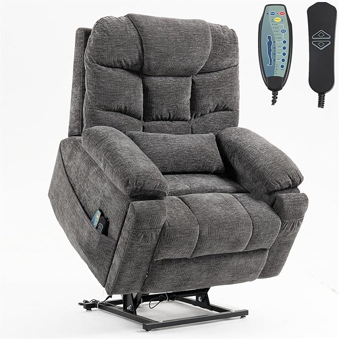 Oversized Lay Flat Power Lift Recliner Chair with Heat and Massage for Elderly, Infinite Position Heavy Duty Dual Motor Lift Chair 400 lbs with Cup Holder & Wireless Phone Charger