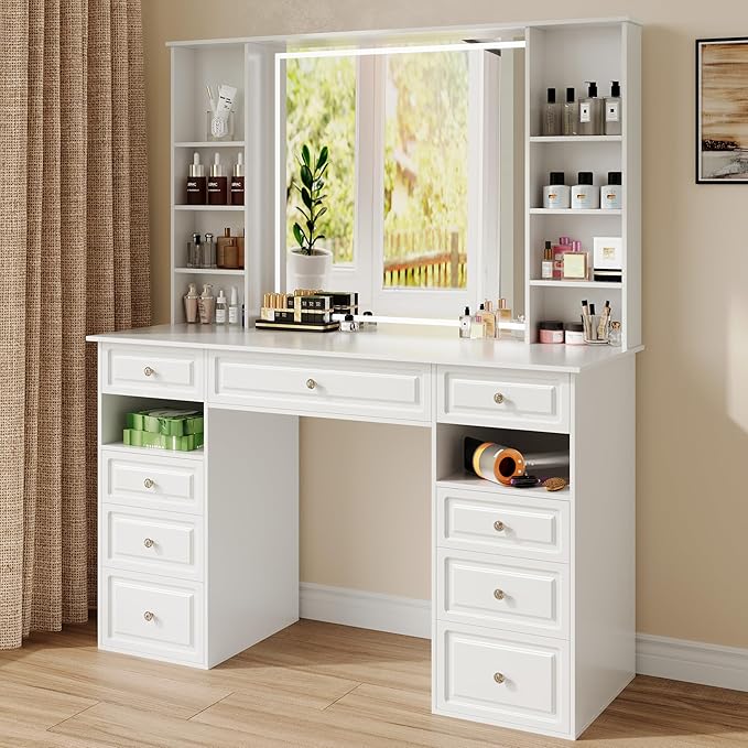 Makeup Vanity Desk with Mirror and Lights, 47" Large Vanity Table with 9 Drawers & 10 Open Storage Shelves, Brightness Adjustable, Dressing Table for Bedroom, Women Girl (White, A Panel)