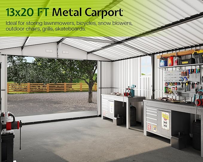 Jocisland 13.2x20.7x8 FT Heavy Duty Carport, Metal carport with 2 Lockable Doors & 4 Windows, Carport Canopy for for Truck, Car, Garbage Can, Tool, Lawnmower, Dark Gray
