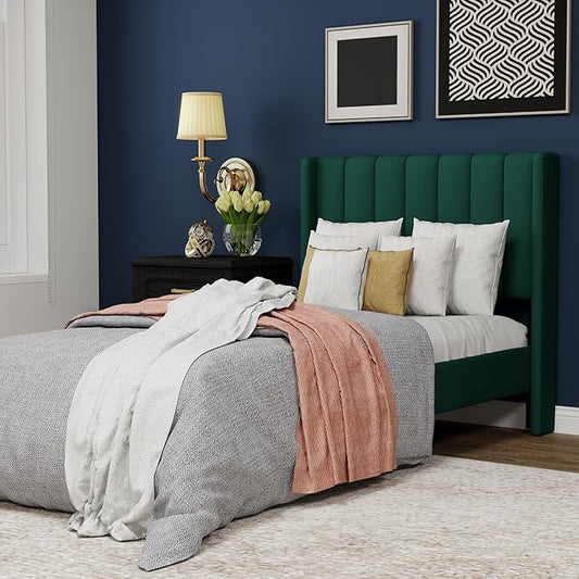 Upholstered Platform Twin Size Bed Frame with Headboard Wooden Slats Support No Noise Easy Assembly Green Velvet