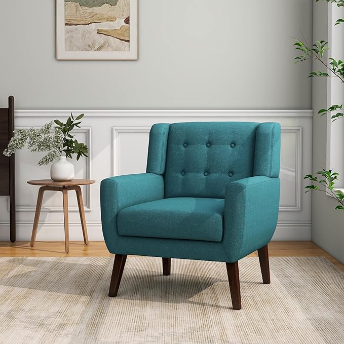 Accent Chair, Mid-Century Modern Fabric Chairs with Arms for Living Room, Comfy Upholstered Club Single Sofa Armchair for Bedroom Waiting Room with Solid Wood Frame (Fabric Turquoise, Set of 1)