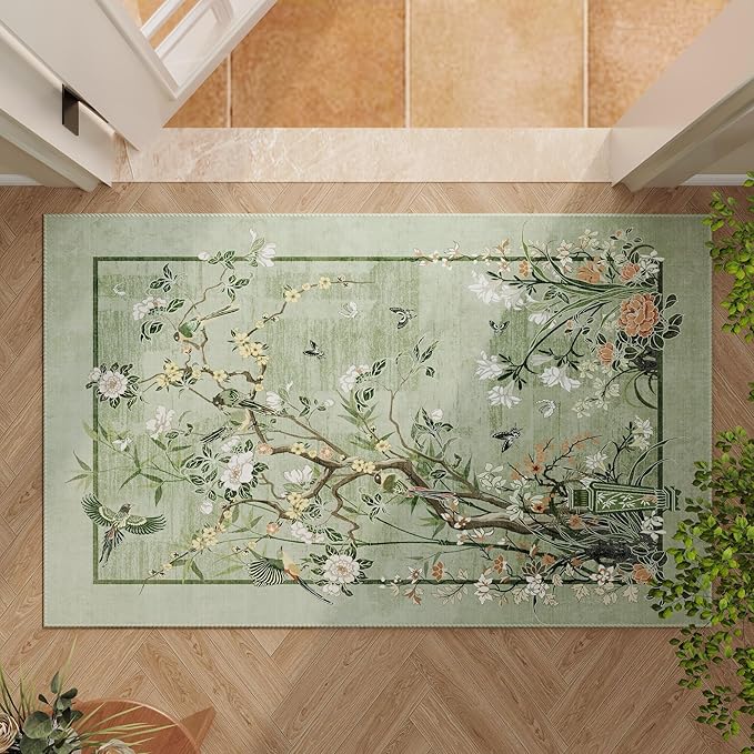 Door Mat Indoor Entrance 2x3 Rug Chinoiserie-Style Floral Vintage Machine Washable Small Area Rug Non-Slip Low Pile Throw Rugs for Entryway, Kitchen, Front Door, Entry, Kids Room, Green