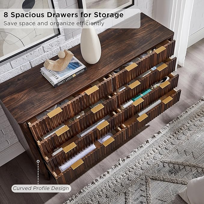 T4TREAM Fluted 8 Drawers Dresser, 54" Wide Modern Chest of Drawers, Curved Profile Design, Dresser TV Stand, Wood Drawer Organizer for Bedroom, Living Room, Hallway, Dark Walnut