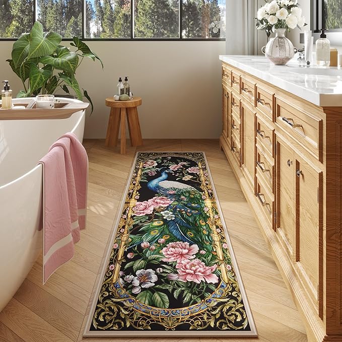 Runner Rug for Kitchen 2'6"x8' Washable Rugs with Rubber Backing Soft Floral Peacock Floral Animal Carpet Runner for Kitchen, Laundry, Bedroom, Bathroom (Black)