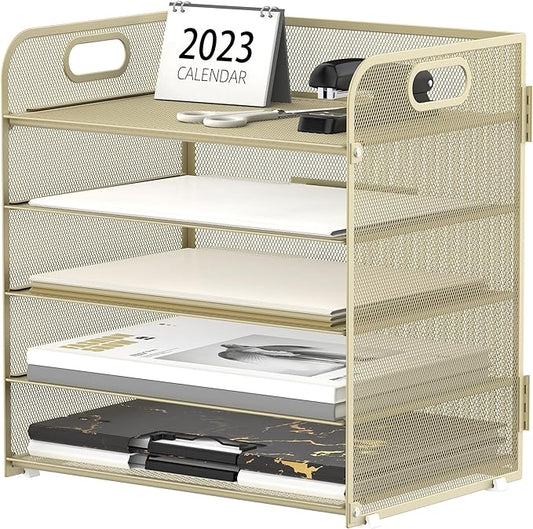 Supeasy 5 Trays Paper Organizer Letter Tray with Handle-Mesh Desk File Organizer,Pink Paper Sorter Desk Organizer for Office, Home or School (Gold Yellow)