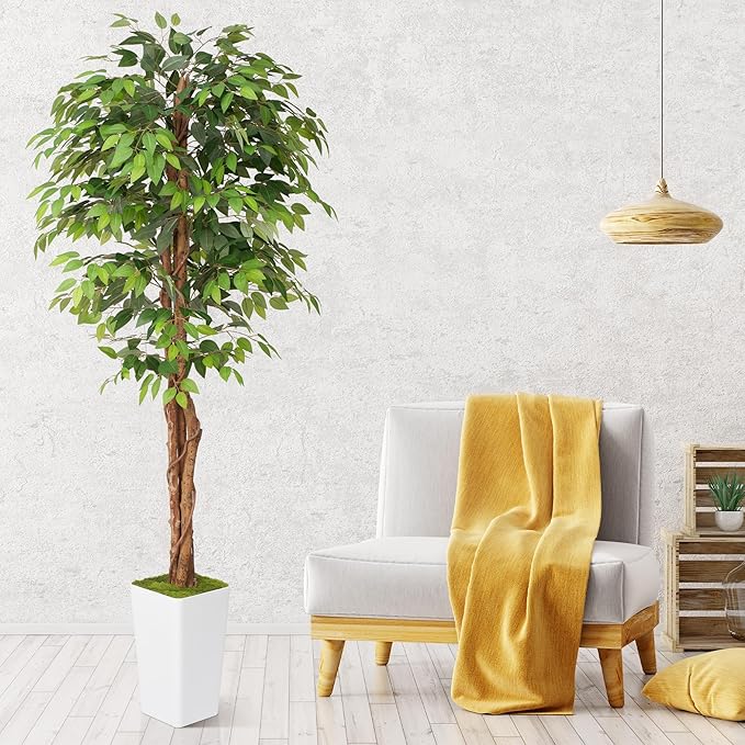 Artificial 7Ft Ficus Silk Tree with Tall Planter - Faux Plants Indoor with Natural Wood Trunk - Large Tall Fake Plants for Home Office Living Room Patio Decor