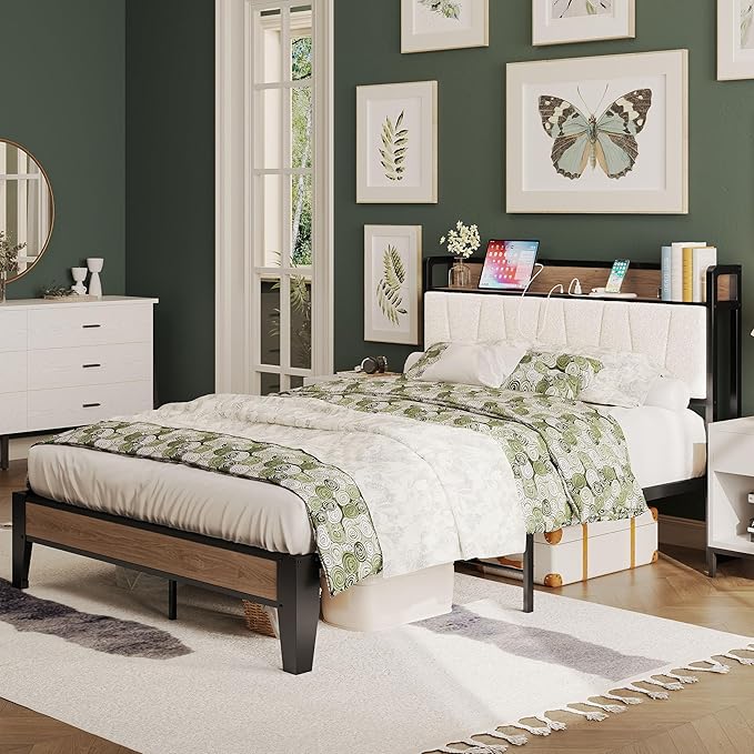 LIKIMIO Full Bed Frames, Storage Headboard with Charging Station, Solid and Stable, Noise Free, No Box Spring Needed, Easy Assembly, Wood and Cream