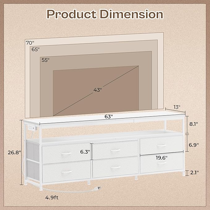 Huuger 63 Inch TV Stand for 55, 65, 70 Inch TV, Long Dresser TV Stand for Bedroom, White LED TV Stand with Power Outlets, Fabric Drawer Dresser with Storage, Entertainment Center for Living Room