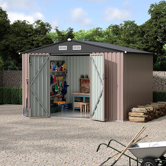 8x10 FT Metal Storage Sheds Outdoor with Floor, Metal ToolShed with Lockable Door, Metals Yard Sheds Metals Garden Shed Kit, MetalUtility Sheds Buildings with Air Vent for Backyard Garden Patio Lawn