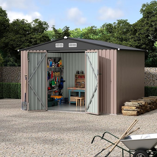 8x10 FT Metal Storage Sheds Outdoor with Floor, Metal ToolShed with Lockable Door, Metals Yard Sheds Metals Garden Shed Kit, MetalUtility Sheds Buildings with Air Vent for Backyard Garden Patio Lawn