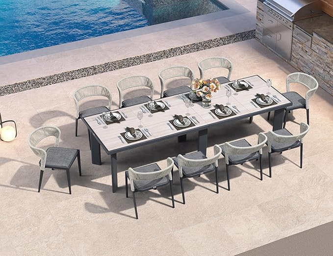 PURPLE LEAF 11 Pieces Outdoor Dining Set Patio Table and Chairs Set Aluminum Wicker Rattan Patio Furniture Set for Lawn Garden Porch Beige Marble Color Outdoor Set