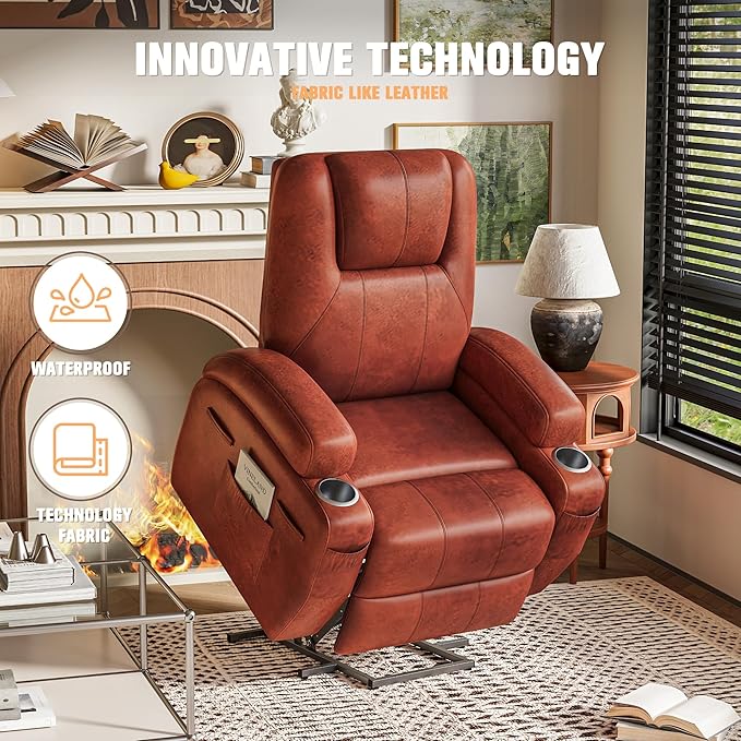 Flamaker Power Lift Chair with Vibration Massage Luxurious Leathaire Fabric Electric Lift Recliner for Elderly Power Lift Recliner Chair with Cup Holders Side Pockets for Living Room (Red Brown)