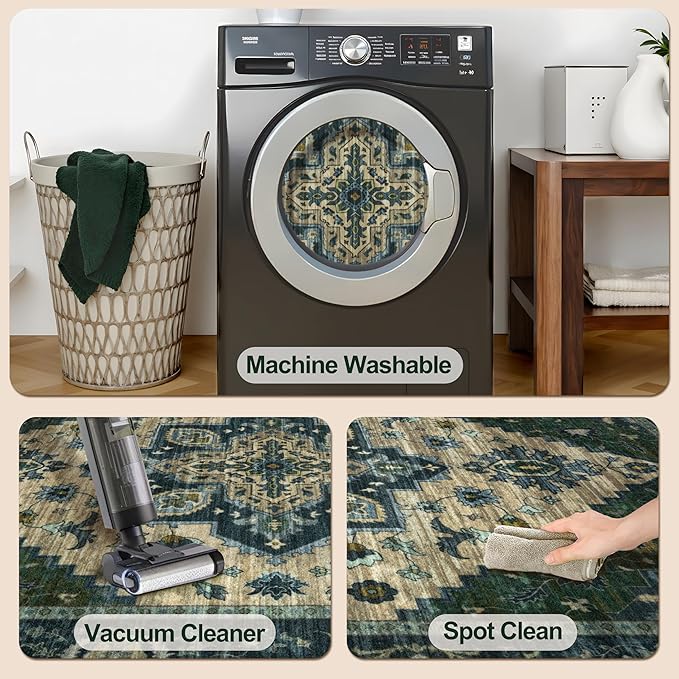 Tangsoo 4x6 Washable Rug Vintage Non Slip Indoor, Distressed Carpet for Living Room, Dining Room, Soft Low Pile Rugs Foldable for Bedroom Dorm Bedside Bathroom Green