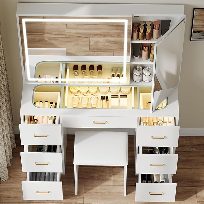 Glass Top Makeup Vanity Desk with Large Mirror and LED Lights,Vanity Stool&Storage Bench,White Vanity with Hidden Storage Mirror Cabinet&7 Drawers,Makeup Organizer Countertop for Room
