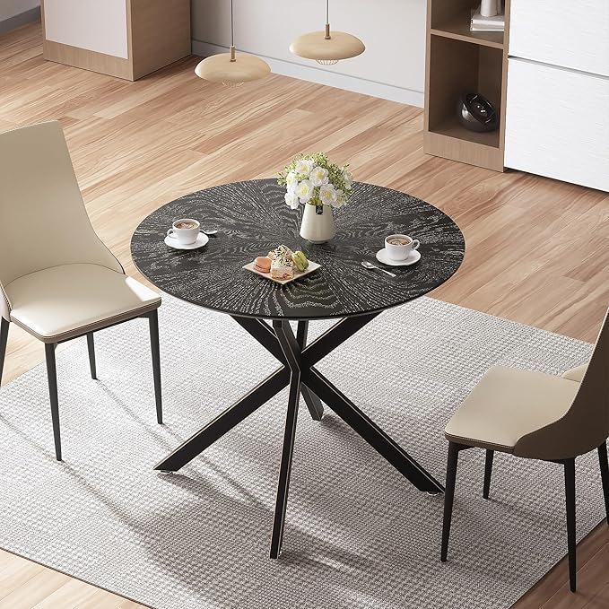 VFK Round Dining Table Set for 2,Small Kitchen Table and Chairs Set 36 inch Modern Metal Cross Base Dinner Table with 2 Cushioned Seat 3-Pieces Dining Set for Kitchen and Living Room