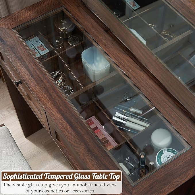 Farmhouse Vanity Desk with Mirror and Lights, 43" Wide Makeup Vanity with Glass Tabletop and Charging Station, Modern Vanity Table Set with Storage and Stool for Bedroom, Brown