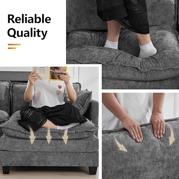 111'' Sectional Cloud Deep Seat Couch, Modern Comfy Chenille L Shaped Sectional Sofa for Living Room Set, Upholstered Modular 4-Seats Sofa Couch with 1 Movable Ottoman, Grey
