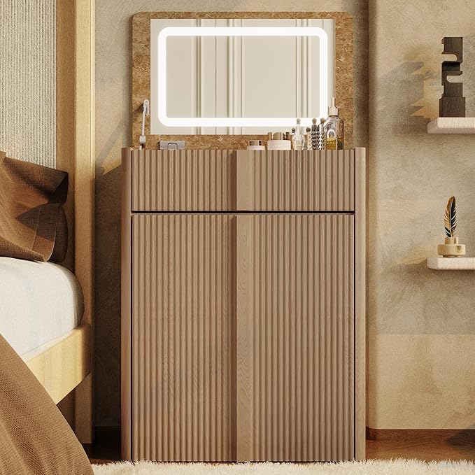 24" Vanity with Chair, Makeup Vanity Desk with Lights and Flip Top Mirror, Natural Oak