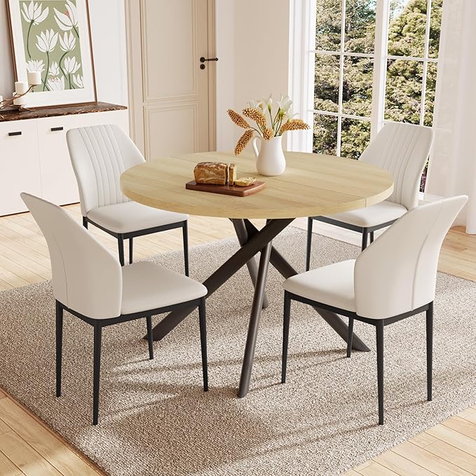 45.3'' Walnut Round Dining Table Set for 4, Mid Century Modern Small Coffee Set for Dining Room Kitchen Apartment (Cream Table + 4 White Chairs)